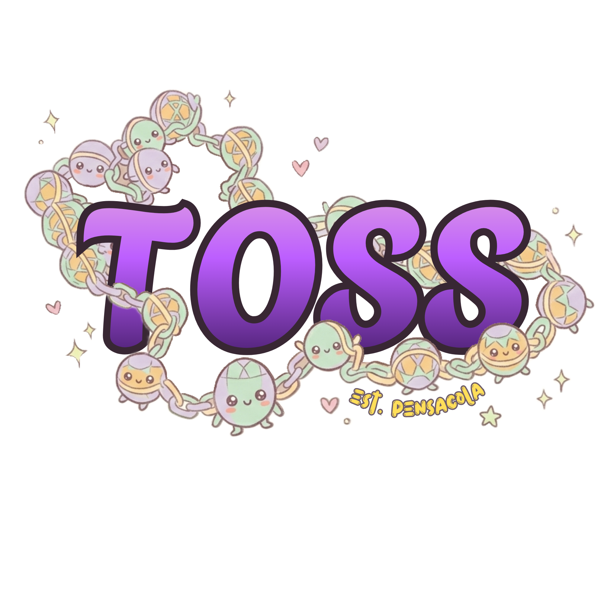 TOSS Inc. logo: a chain of pastel Mardi Gras beads shaped like smiling turtles, reading "Est. Pensacola"